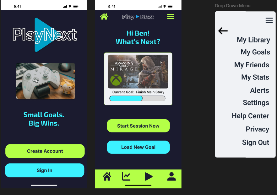 PlayNext Gaming App final UI screens